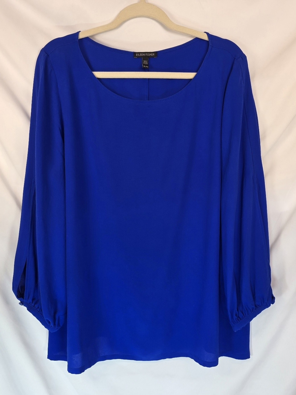 Eileen Fisher Silk Blouse XL Cobalt Blue Georgette Crepe Slit Sleeve Regal Flowy